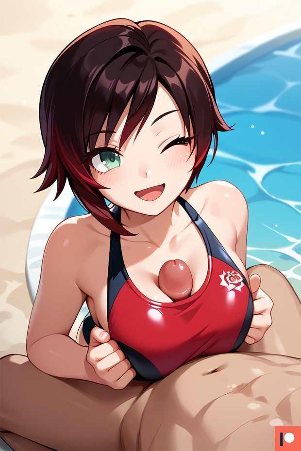 1girl1boy ai_generated blush breast_press brown_hair dark_hair green_eyes happy happy_female looking_at_partner medium_breasts omega_weirdo paizuri patreon penis_between_breasts pool poolside red_eyes ruby_rose rwby smile swimsuit titjob titjob water wink winking_at_partner