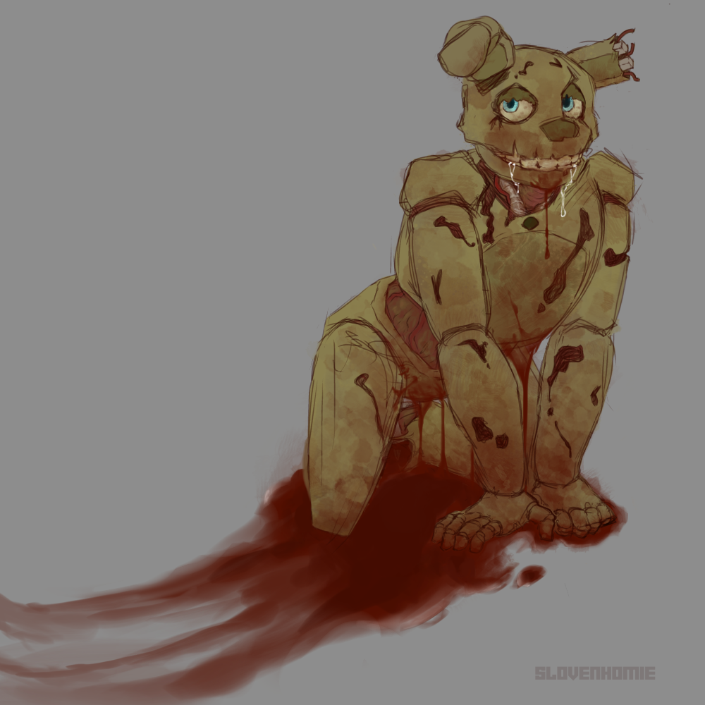 1male all_fours animatronic blood blood_drip blood_dripping blood_on_body blood_on_chest blood_on_crotch blood_on_face blood_on_hand blood_puddle blood_stain blood_stains blue_eyes drool drool_string drooling male missing_ear non-human non-human_only rabbit robot rotting_flesh smeared_blood solo springtrap springtrap_(fnaf) undead yellow_body