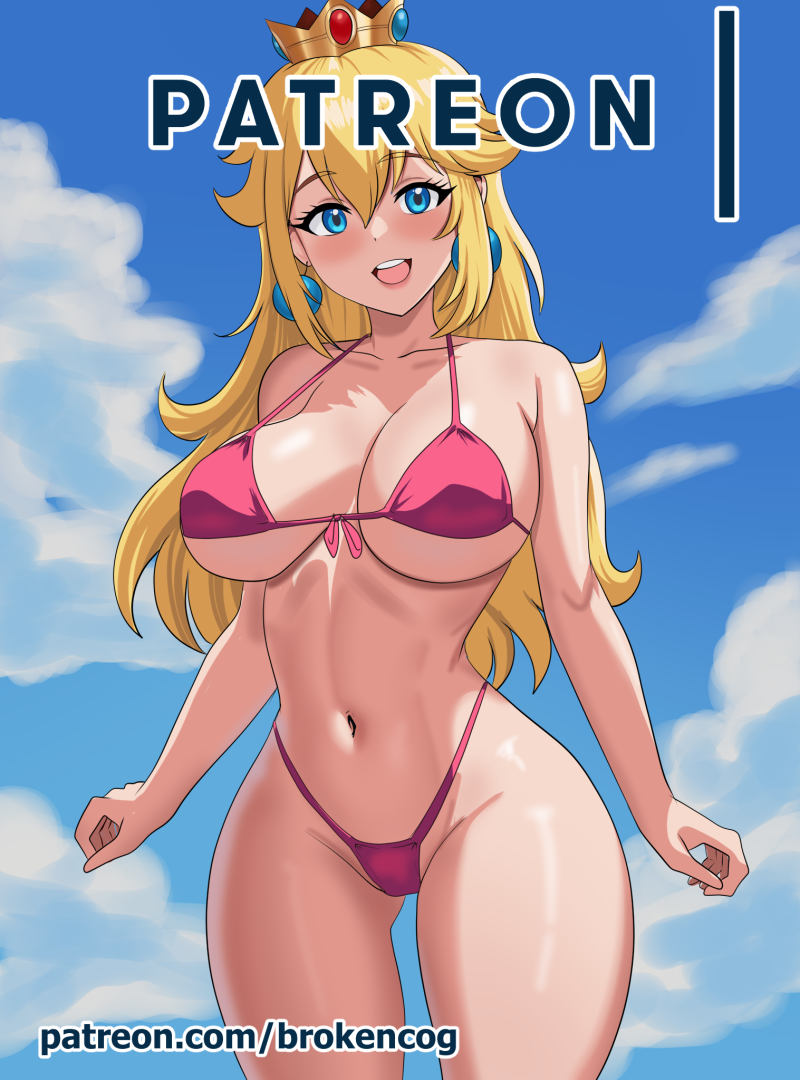 big_breasts blonde_hair blue_eyes breasts brokencog crown mario_(series) navel nintendo open_mouth outdoors pink_bikini princess_peach