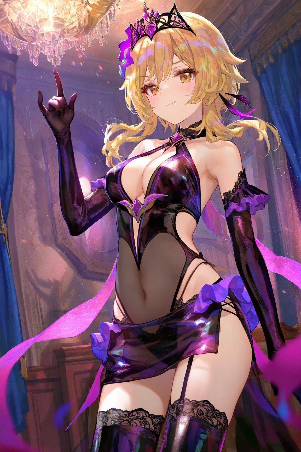 ai generated, big breasts, breasts, crown, female, flower, genshin impact, jewelry, lumine (genshin impact), navel, orange eyes, smile, thighs, yellow hair