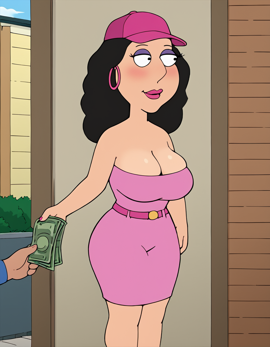 ai_generated big_breasts blush bonnie_swanson cap family_guy money pink_dress prostitute prostitution short_dress skindentation