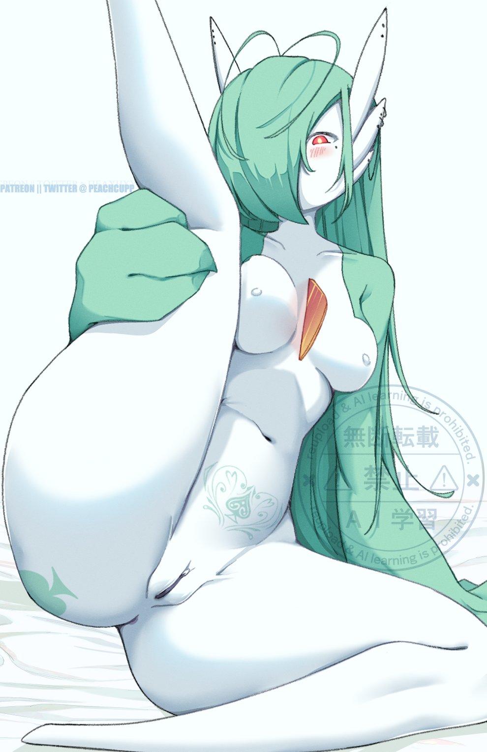 areola ass bedroom_eyes big_butt blush blush_lines breasts cecilia_(peachcupp) chest_spike clothed clothing curvy_female curvy_figure curvy_humanoid female front_view gardevoir generation_3_pokemon genitals glowing glowing_eyes green_body green_hair green_skin hair hair_down hi_res hourglass_figure hourglass_figured_female hourglass_figured_humanoid humanoid long_hair looking_at_viewer mammal medium_breasts narrowed_eyes nintendo nipples nude peachcupp piercing pokemon pokemon_(species) pokemorph presenting presenting_pussy pubic_tattoo pussy queen_of_spades_symbol raceplay raised_leg red_eyes seductive solo spikes spikes_(anatomy) thick_thighs topless white_areola white_body white_nipples white_skin wide_hipped_female wide_hipped_humanoid wide_hips