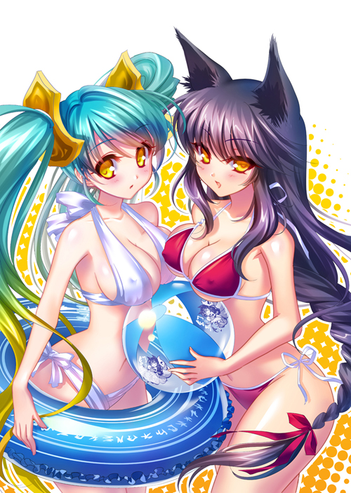 2girls ahri animal_ears ball beach_ball bikini black_hair blonde_hair blue_hair blush braid breasts cleavage erect_nipples fox_ears gradient_hair innertube large_breasts league_of_legends long_hair multicolored_hair multiple_girls navel s-yin side-tie_bikini single_braid smile sona_buvelle swimsuit tied_hair twintails vastaya very_long_hair yellow_eyes