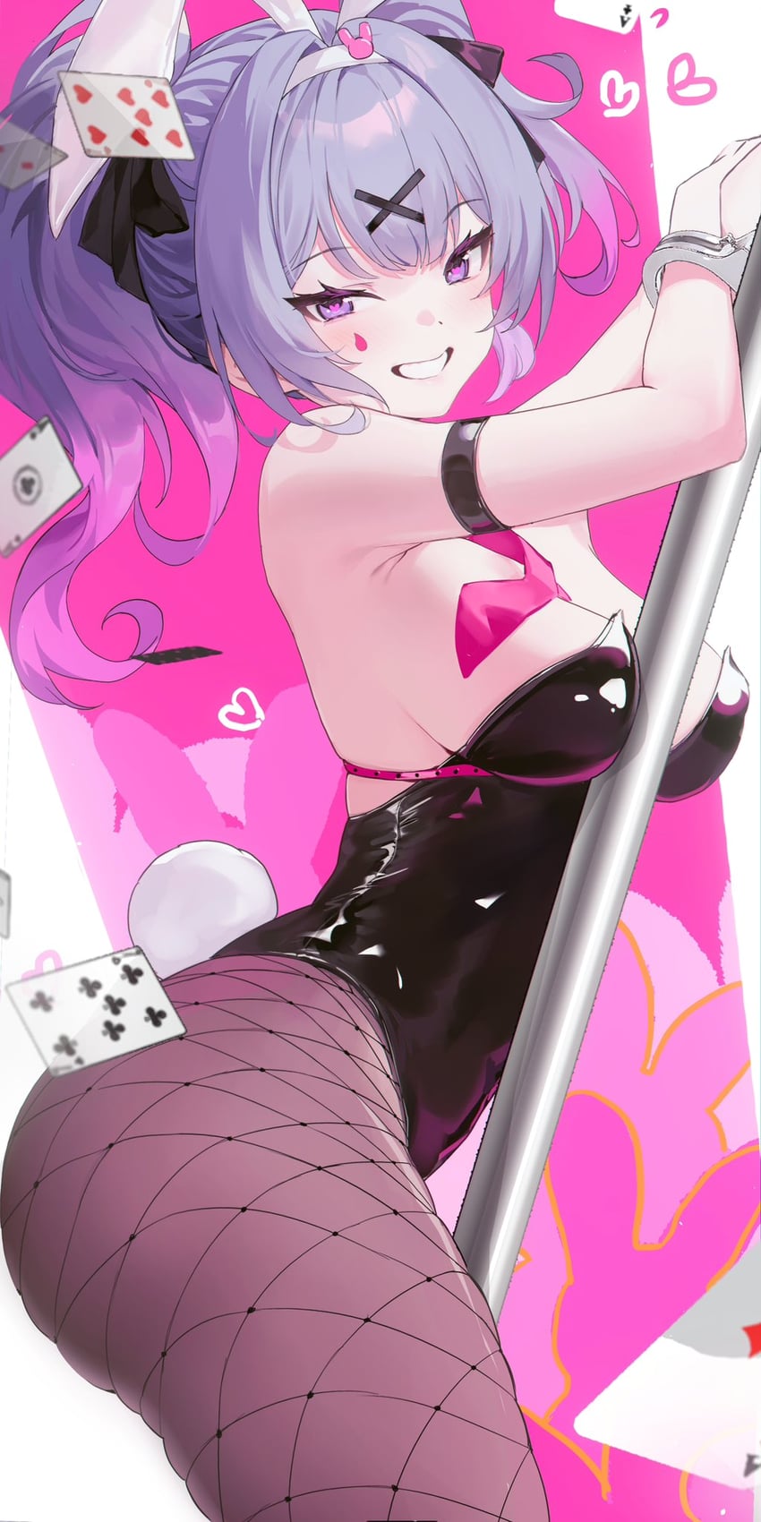 1girl, 1girls, animal ears, artist request, ass, bandaid, bangs, bare shoulders, black leotard, blush, breasts, card, facial mark, fake animal ears, fake tail, female, fishnet pantyhose, fishnets, from side, grin, hair ornament, hatsune miku, heart, large breasts, leotard, long hair, looking at viewer, looking to the side, multicolored hair, pantyhose, pasties, playboy bunny, playing card, pole, pole dancing, purple eyes, purple hair, rabbit ears, rabbit hole (vocaloid), rabbit tail, smile, solo, strapless, strapless leotard, stripper pole, tagme, tail, thighs, twintails, vocaloid, wrist cuffs, x hair ornament