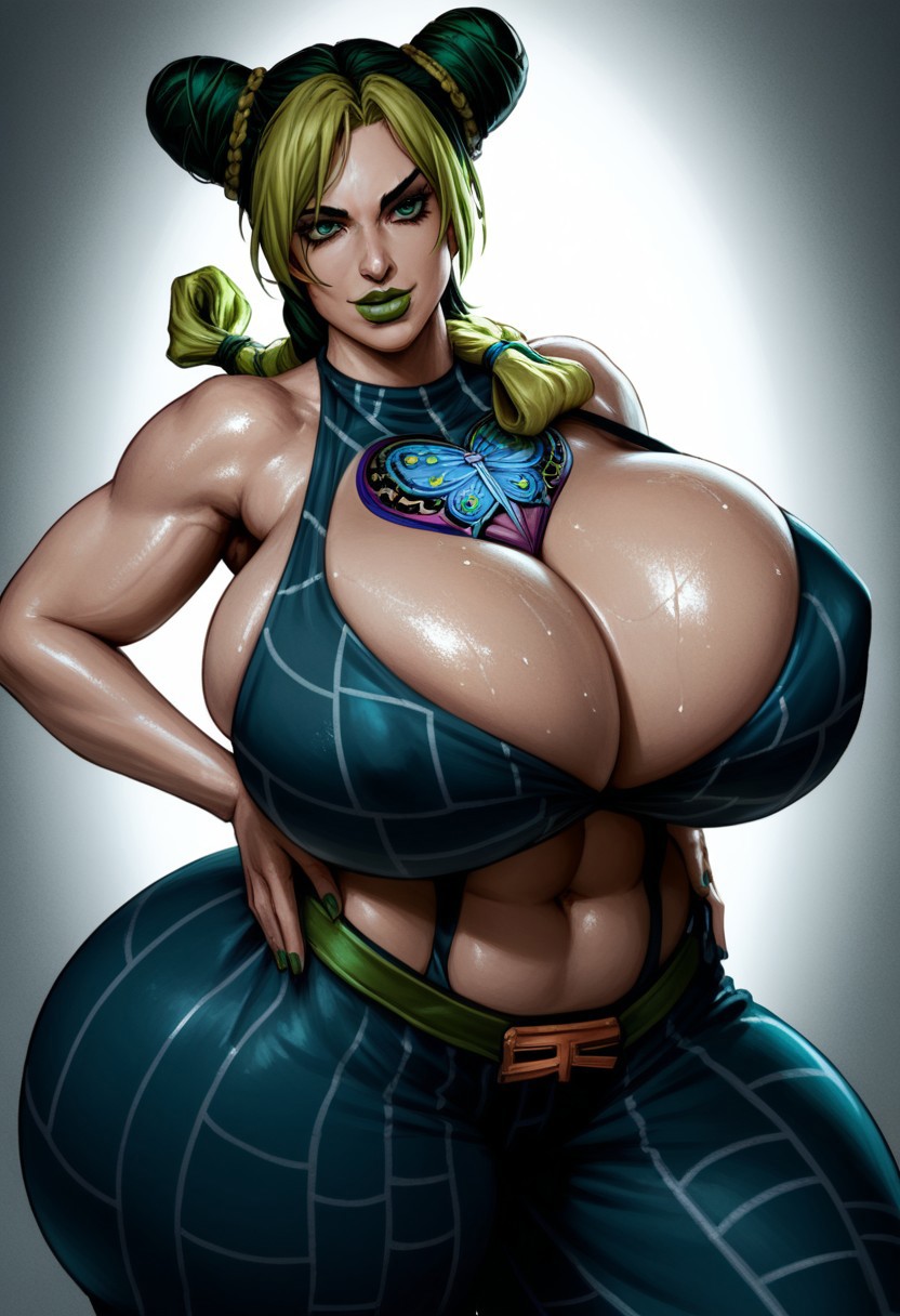 abs ai_generated alternate_breast_size belly_button big_ass big_breasts bubble_butt curvy dumptruck_ass hands_on_hips hyper_ass jojo's_bizarre_adventure jolyne_kujo large_ass lipstick looking_at_viewer nail_polish niduscharger thick_thighs toned_female wide_hips