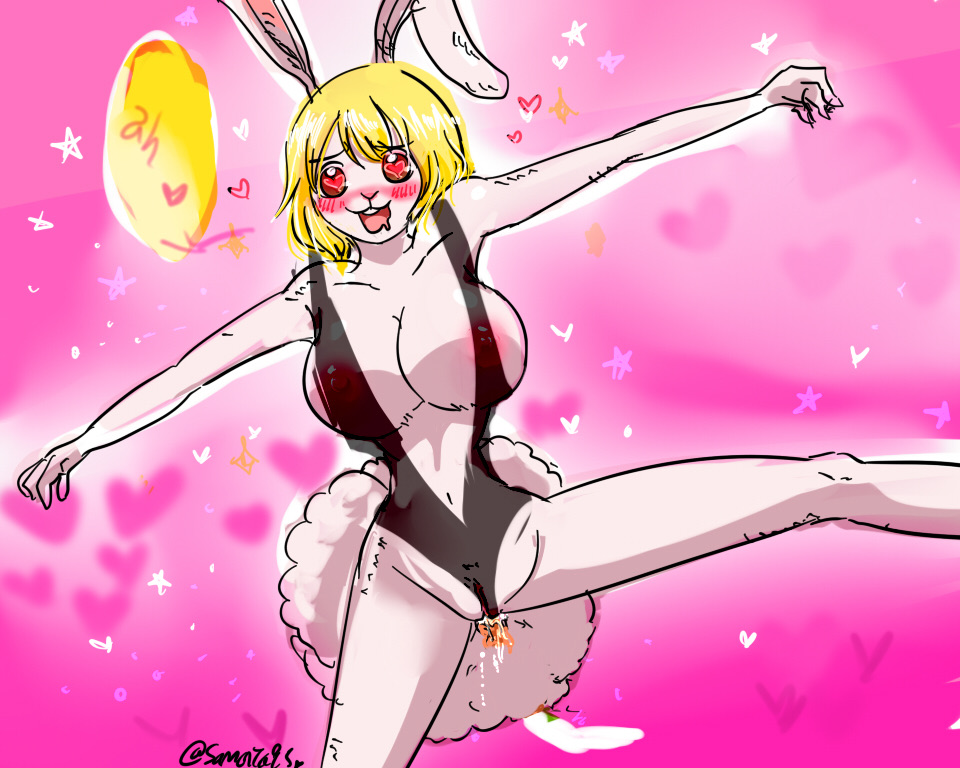 animal_genitalia big_breasts bob_cut carrot_(one_piece) female female_only heart heart_eyes huge_breasts one_piece rabbit rabbit_ears rabbit_girl rabbit_humanoid rabbit_tail samanta95 smile star stuffed_toy thighs yellow_hair