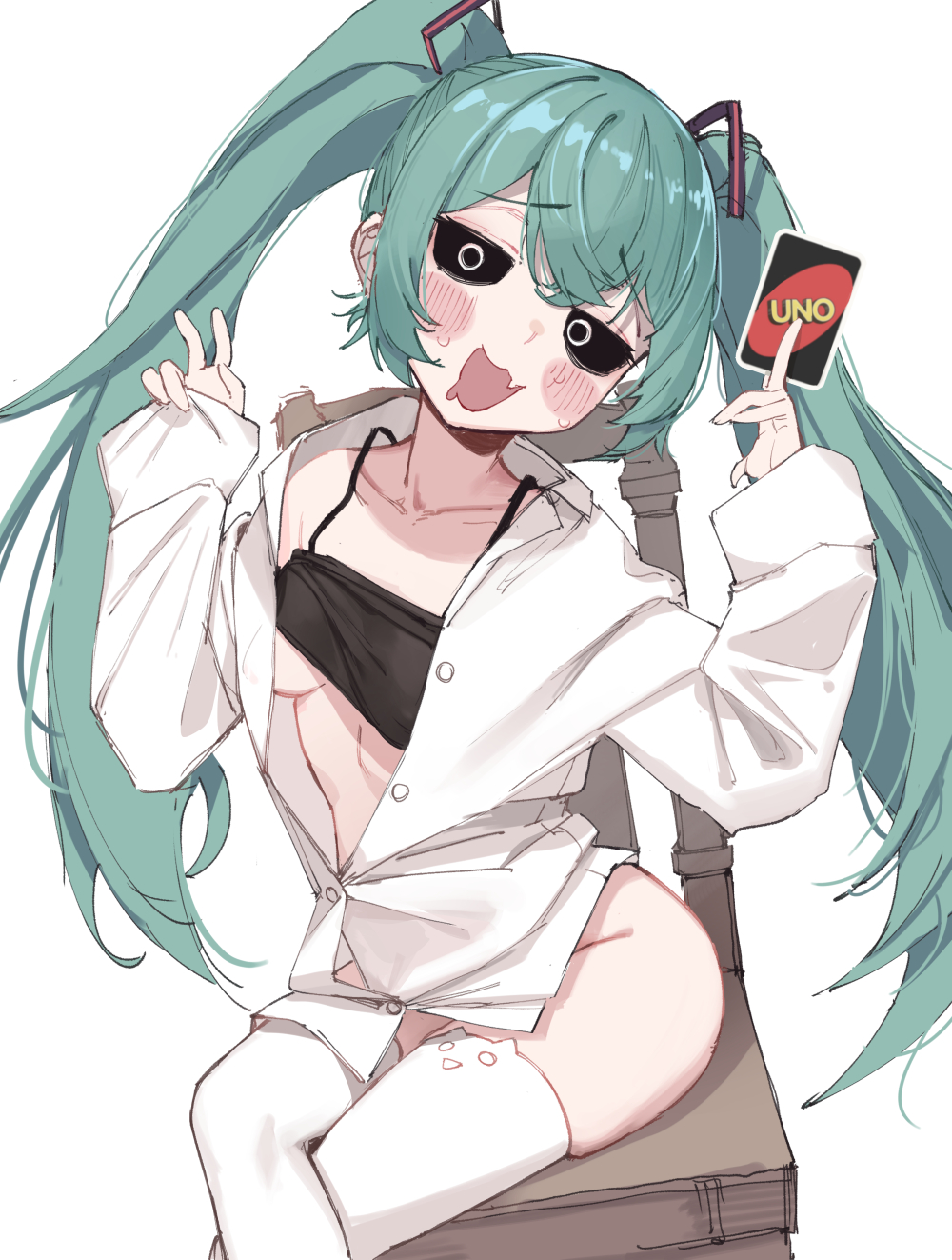 1girls black_eyes blue_hair female female_focus female_only hatsune_miku light_skin looking_at_viewer mesugaki_miku mimukauwa_nice_try_(vocaloid) rikuto_lin small_breasts uno vocaloid white_background