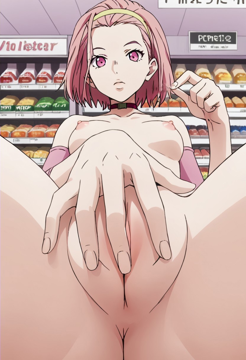 ai_generated grocery_store jojo&#039;s_bizarre_adventure public public_nudity reimi_sugimoto spreading_pussy