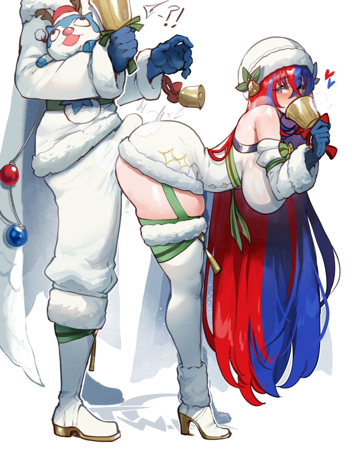 1boy 1girls ?! alear_(female)_(fire_emblem) alear_(fire_emblem) alear_(male)_(fire_emblem) ass bell bells bending_over blue_eyes blue_hair blush breasts bulge bulge_through_clothing christmas christmas_outfit fire_emblem fire_emblem_engage fire_emblem_heroes fully_clothed grinding grinding_on_penis grinding_through_clothes hat heart heels heterochromia high_heels hot_dogging imminent_sex large_ass large_breasts multicolored_hair penis_between_ass red_eyes red_hair selfcest skindentation teasing thiccwithaq thick_thighs thighhighs thighs two_tone_hair white_clothing winter_clothes