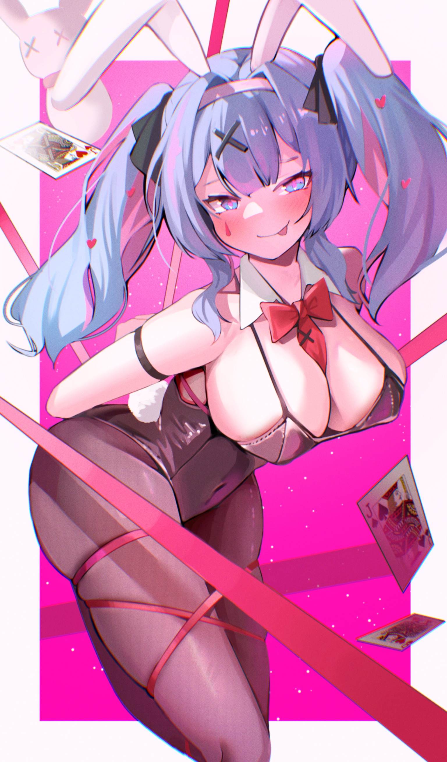 :p, 1girl, animal ears, arms behind back, bangs, bare shoulders, bdsm, between breasts, big breasts, blue eyes, blue hair, blush, bondage, bound, bow, bowtie, breasts, bunny ears, bunny girl, bunny tail, bunnysuit, card, cleavage, covered navel, detached collar, fake animal ears, female, hair ornament, hairband, hatsune miku, heart, heart-shaped pupils, huge breasts, huge thighs, large breasts, leotard, long hair, looking at viewer, marking below eyes, pantyhose, pink, pink background, pink eyes, pink hair, playboy bunny, rabbit, rabbit ears, rabbit hole (vocaloid), rabbit tail, ribbon, skindentation, smile, solo, symbol-shaped pupils, tail, thighs, tongue, tongue out, twintails, virtual youtuber, vocaloid, x hair ornament