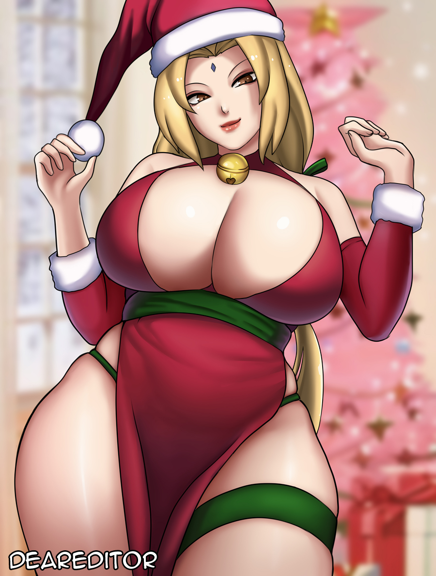 1girls armwear bell_collar big_breasts breasts brown_eyes christmas christmas_outfit cleavage deareditor female female_only forehead_jewel hat headwear hips huge_breasts lips mature mature_female mature_woman milf naruto naruto_(series) neckwear pelvic_curtain santa_hat solo solo_female thick_thighs thigh_strap thighs tsunade wide_hips