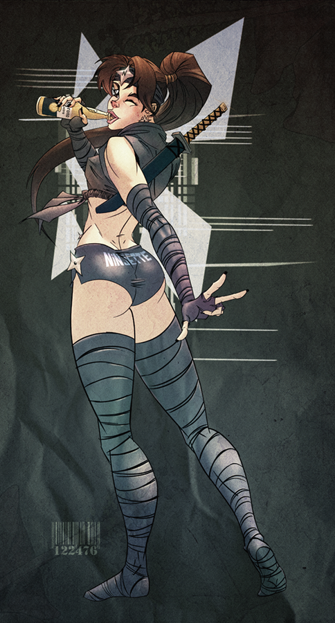 122476 1girls alcohol ass beer beer_bottle bottle brown_hair drunk elbow_gloves empowered_(series) female female_only fingerless_gloves headband katana kunoichi looking_back nail_polish ninja ninjette ponytail pose short_shorts solo solo_female standing thighhighs tied_hair wink