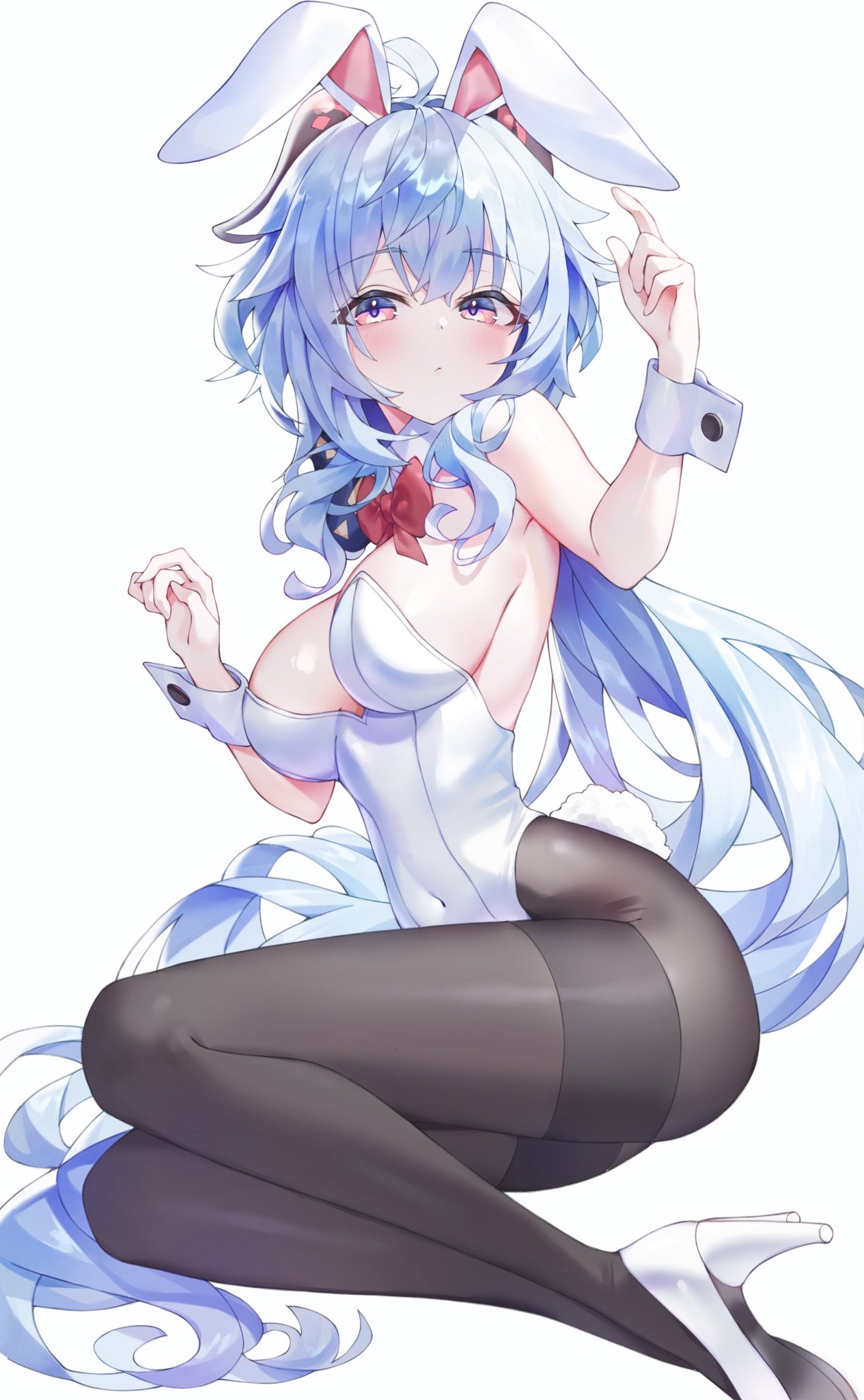 ahoge, big breasts, blue hair, breasts, bunny ears, bunny girl, bunny tail, bunnysuit, female, female only, ganyu (genshin impact), genshin impact, horns, huge breasts, huge thighs, long hair, purple eyes, red eyes, solid color background, thighs, white background