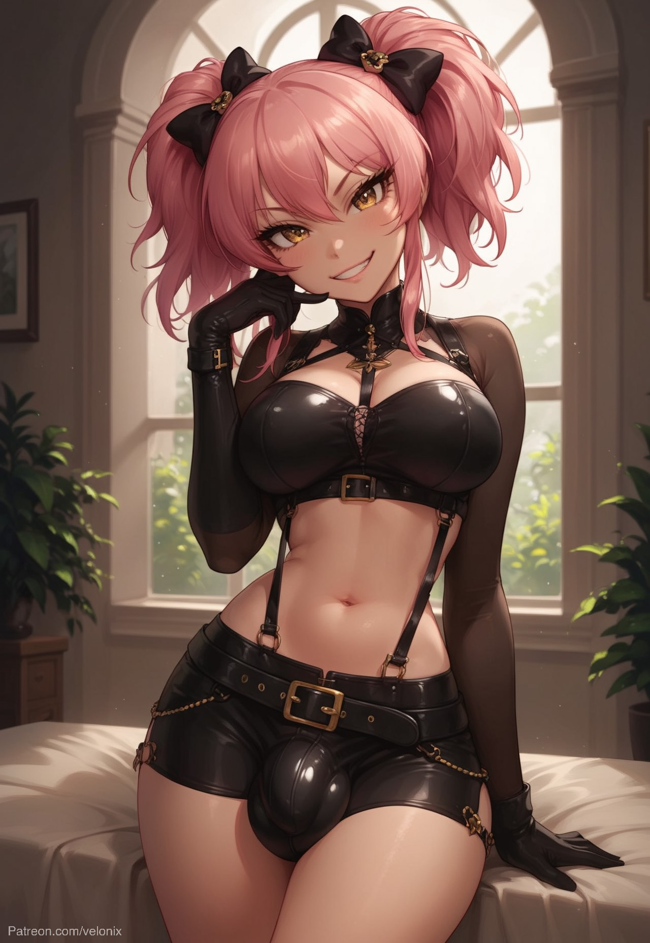 1futa, ai generated, ass, balls, big ass, big breasts, big butt, big hips, big penis, black shorts, black top, breasts, cleavage, clothed, clothing, dick, dickgirl, eyebrows, eyelashes, female, futa only, futanari, gloves, gold eyes, grin, grinning, grinning at viewer, hair, hands-free, huge cock, idol, idolmaster, idolmaster cinderella girls, idolmaster million live!, idolmaster shiny colors, indoors, intersex, jougasaki mika, latex, latex clothing, leather, leather clothing, lips, long hair, looking at viewer, makeup, narrow waist, narrowed eyes, nose, penis, pink hair, ribbon, seducing, seductive, seductive eyes, seductive gaze, seductive look, seductive mouth, seductive pose, seductive smile, shorts, smile, smile at viewer, smiley face, smooth balls, smooth penis, smooth skin, solo, solo dickgirl, solo focus, solo futa, straps, testicles, tight clothing, tight fit, twintails, velonix, yellow eyes, yellow-eyed female
