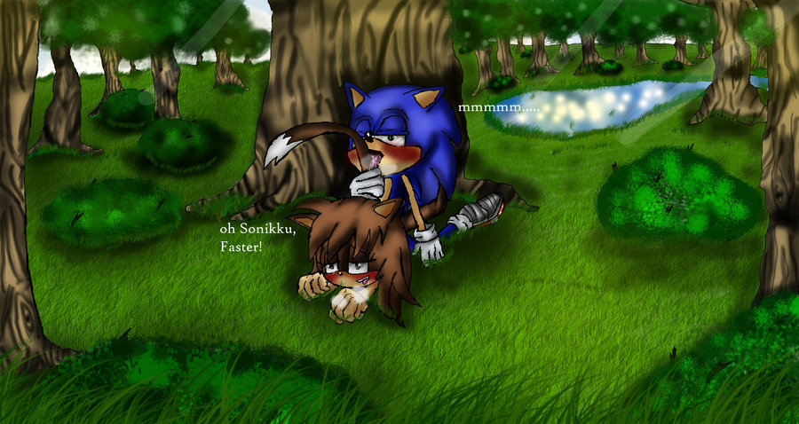 blush brown_eyes bushes english_text eyes_open forest grass green_eyes hedgehog licking licking_tail pond samantha_the_hedgecat sega sex shadow shoes sonic_(series) sonic_the_hedgehog sunny tail_fetish text tongue tree wood