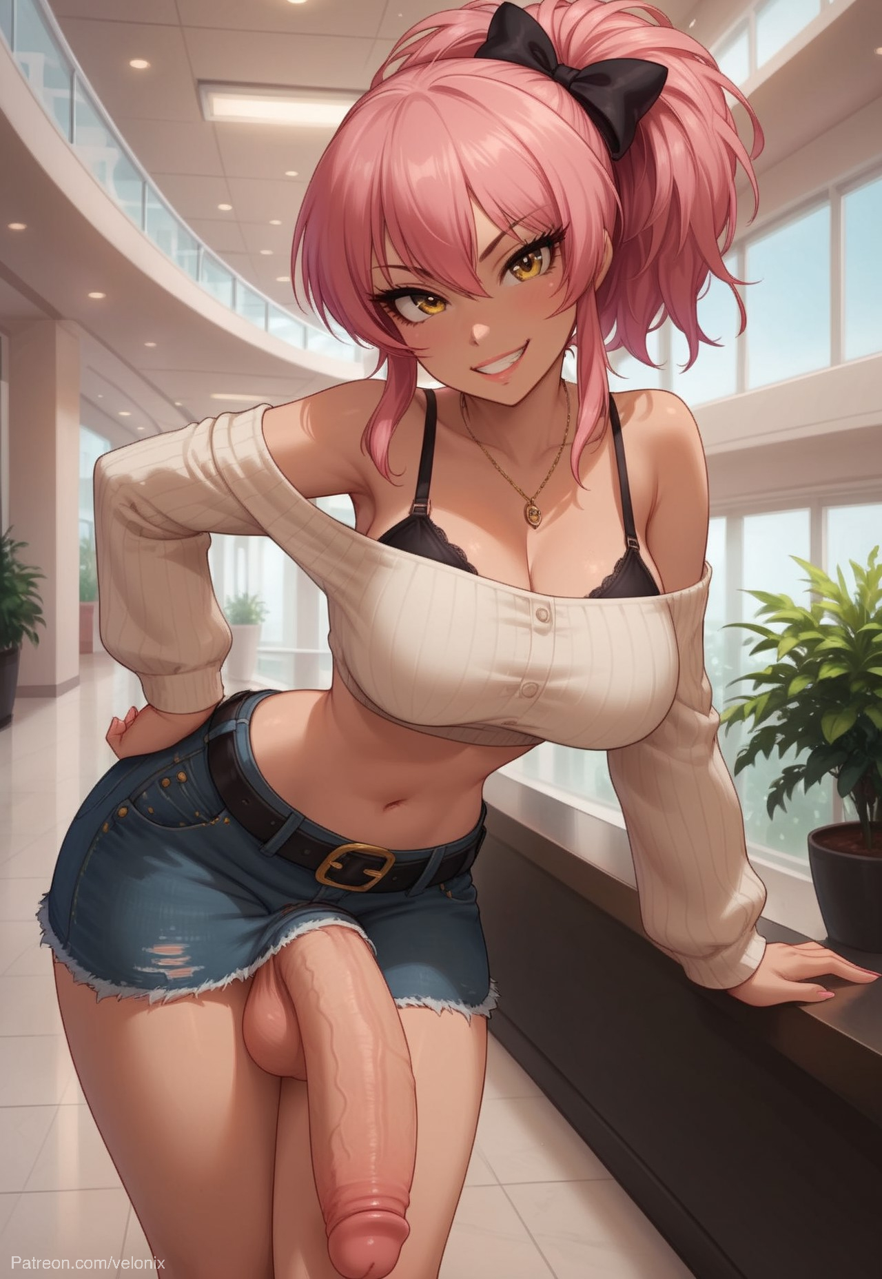 1futa, ai generated, ass, balls, belt, bending, bending forward, big ass, big breasts, big butt, big hips, big penis, black bra, bra, breasts, cleavage, clothed, clothing, crop top, denim skirt, dick, dickgirl, eyebrows, eyelashes, female, futa only, futanari, gold eyes, grin, grinning, grinning at viewer, hair, hand on hip, hands-free, huge cock, idol, idolmaster, idolmaster cinderella girls, idolmaster million live!, idolmaster shiny colors, indoors, intersex, jougasaki mika, lean, leaning forward, lips, long hair, long sleeves, looking at viewer, makeup, midriff, narrow waist, narrowed eyes, navel, necklace, nose, penis, penis under clothes, penis under dress, penis under skirt, pink hair, ribbon, seducing, seductive, seductive eyes, seductive gaze, seductive look, seductive mouth, seductive pose, seductive smile, skirt, smile, smile at viewer, smiley face, smooth balls, smooth penis, smooth skin, solo, solo dickgirl, solo focus, solo futa, testicles, tight clothing, tight fit, twintails, velonix, yellow eyes, yellow-eyed female