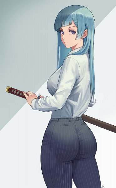 ai_generated big_ass blue_hair formal_clothes kasumi_miwa katana looking_at_viewer zefra_bleu