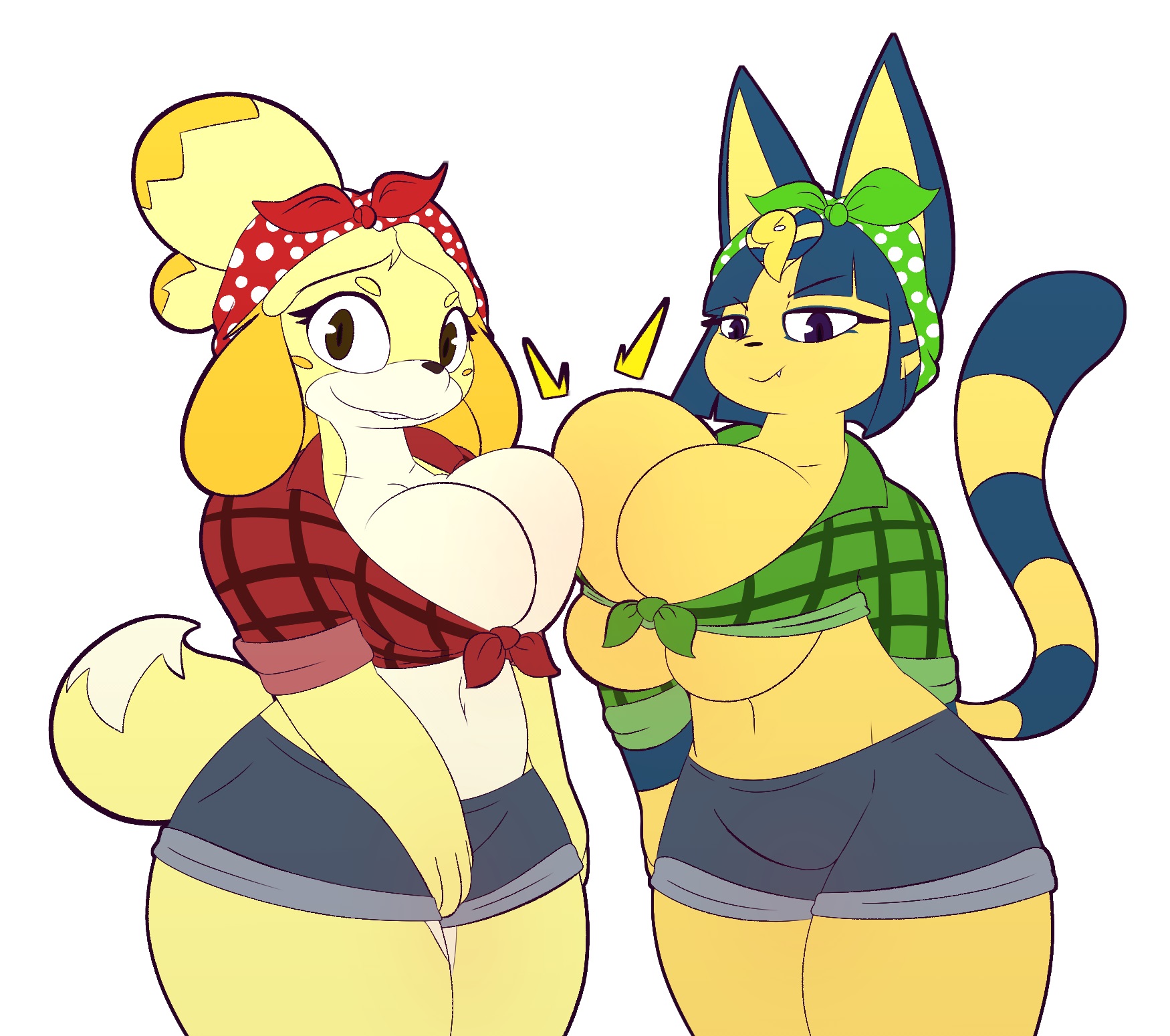 2019, 2girls, animal crossing, ankha, anthro, ass, bandana, belly, blue fur, blue hair, blush, breast press, breasts, brown eyes, canine, cat ears, cat tail, cleavage, clothed, denim shorts, dog ears, dog tail, egyptian, eye contact, eyeshadow, feline, female, front-tie top, furry, hair ornament, half-closed eyes, huge ass, huge breasts, isabelle (animal crossing), looking at viewer, makeup, midriff, navel, nintendo, purple eyes, shih tzu, shirt, short hair, short shorts, shorts, smile, stripes, tail, teeth, thick thighs, thighs, topknot, underboob, wide hips, yellow fur