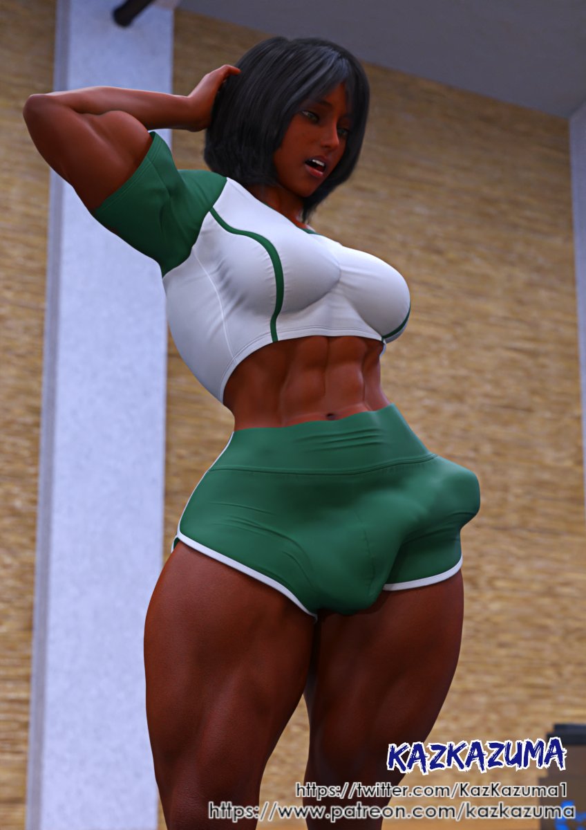 1futa 3d 3d_(artwork) big_penis bulge dark-skinned_futanari dark_skin erection erection_under_clothes futa_only futanari kazkazuma muscular muscular_futanari penis penis_outline shorts solo solo_futa