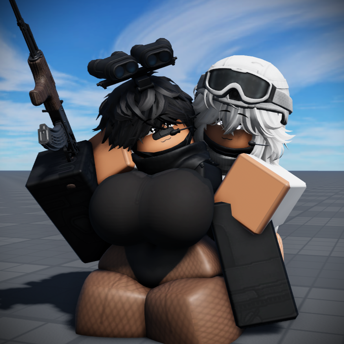 2girls baseplate big_ass big_breasts black_eyes gun military military_uniform roblox robloxian smg32 thick_thighs white_eyes