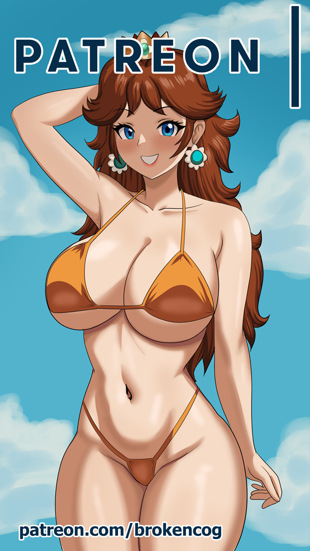 arm_up big_breasts breasts brokencog brown_hair long_hair mario_(series) navel nintendo orange_bikini outdoors princess_daisy smile