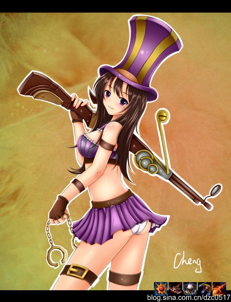 arm_strap ass bare_shoulders blush bra brown_hair caitlyn_kiramman cheng cuffs female fingerless_gloves frills gloves gun handcuffs hat high_resolution league_of_legends lingerie long_hair midriff panties purple_eyes rifle skirt tagme thigh_strap weapon white_panties