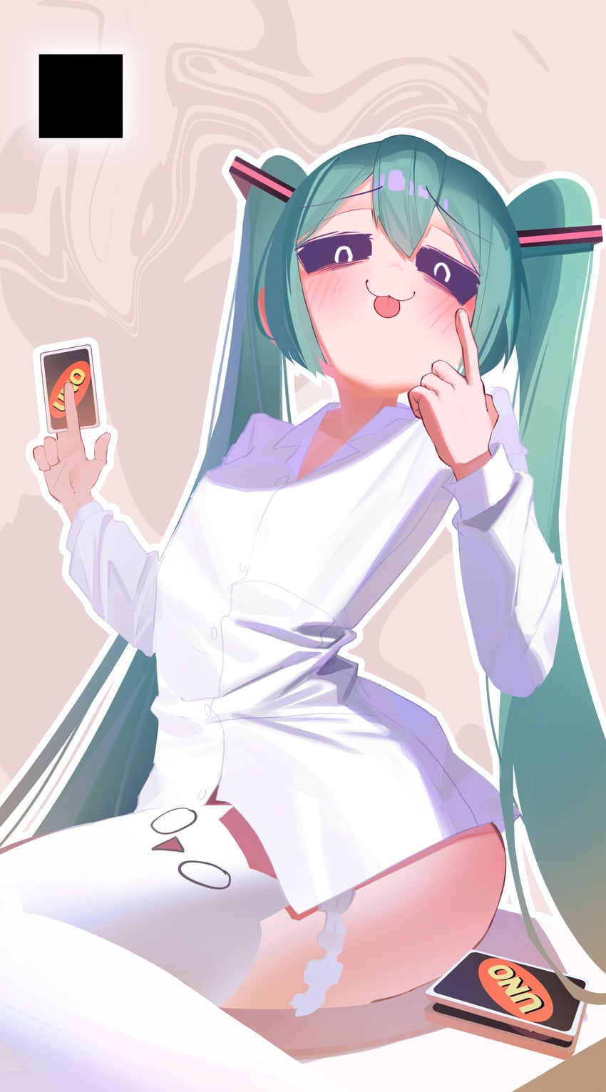 1girls black_eyes blue_hair card clothed clothing female female_focus female_only hatsune_miku long_hair looking_at_viewer mesugaki mesugaki_miku mimukauwa_nice_try_(vocaloid) small_breasts thighhighs tongue tongue_out uno_(game) vocaloid