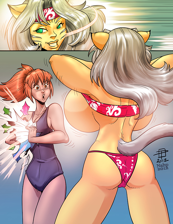 2girls abstract_background animal_ear anthro artist_request ass backboob big_breasts bikini blush breast_envy breasts distraction feline flashing fur furry gigantic_breasts green_eyes huge_breasts long_hair open_mouth ponytail red_hair silver_hair smile swimsuit tail teeth tied_hair