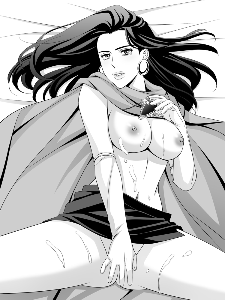 1girls battle_tendency black_and_white black_hair breasts brown_hair cape covering_pussy cum cum_on_belly cum_on_breasts cum_on_thighs cum_on_upper_body earrings female gloves human human_female jewelry jojo's_bizarre_adventure large_breasts lisa_lisa long_hair looking_at_viewer mature milf mother necklace nipples no_bra no_panties no_shirt shounen_jump thick_eyebrows zero1