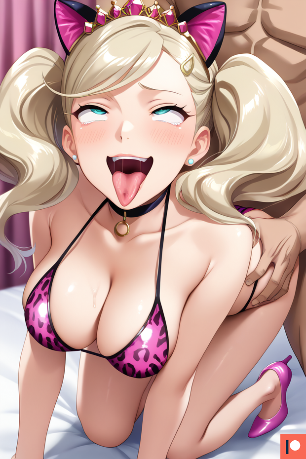 1boy 1girls ahe_gao ahegao_face ai_generated ann_takamaki big_breasts bikini blonde_hair cat_ears choker cognitive_ann cyan_eyes doggy_style female giving_in_to_pleasure high_heels male muscular_male necklace omega_weirdo patreon persona persona_5 pleasure_face sex taken_from_behind tiara twintails