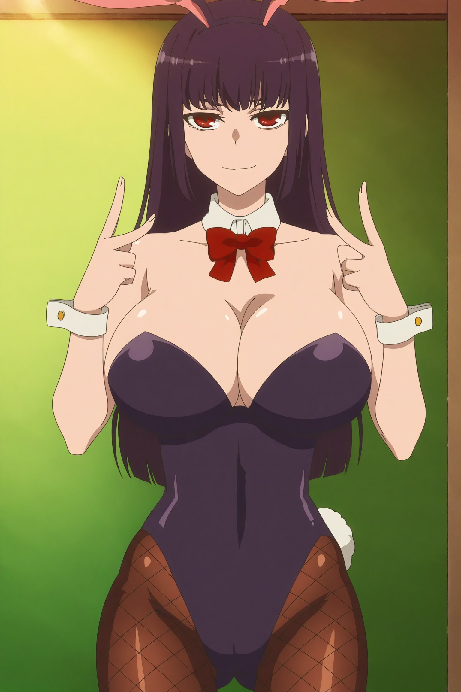 1girls, ai generated, big breasts, breasts, bunny ears, bunny girl, bunny tail, bunnysuit, classroom, cleavage, double v, female, large breasts, leotard, looking at viewer, metalchromex, peace sign, please don't bully me, nagatoro, president (nagatoro), sana sunomiya, solo, solo female, standing, v