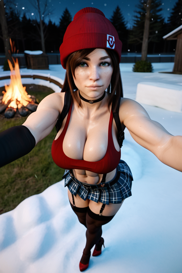 1girls 3d 3d_(artwork) ai_generated arm_warmers beanie big_ass big_breasts brown_hair brown_hair choker cleavage nova(oc) outdoors plaid_skirt pleated_skirt radnsad short_skirt skirt snow solo solo_female solo_focus thick_thighs thighhighs tube_top tubetop winter