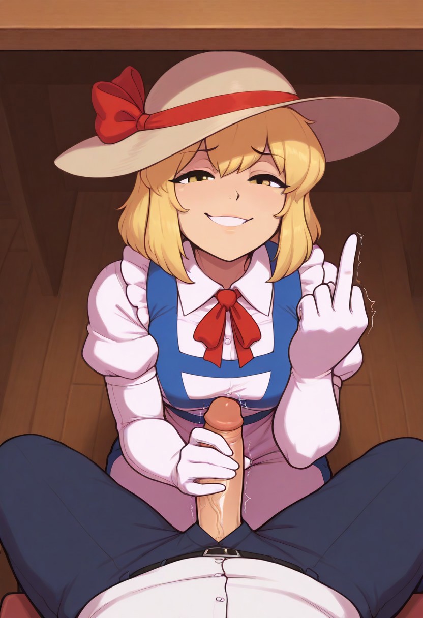 1boy 1girls 2d ai_generated apron blonde_hair civitai clothed clothed_female clothed_male duo elbow_gloves erect_penis grin handjob hat hat_bow indoors kana_anaberal looking_at_viewer maid_outfit masturbation middle_finger mocking pants penis penis_out pov puffy_short_sleeves self_upload shirt short_hair sitting smug smug_face smug_grin spread_legs straight taunting teeth touhou touhou_(pc-98) twitch_lines twitching twitching_penis under_the_table unzipped_pants yellow_eyes