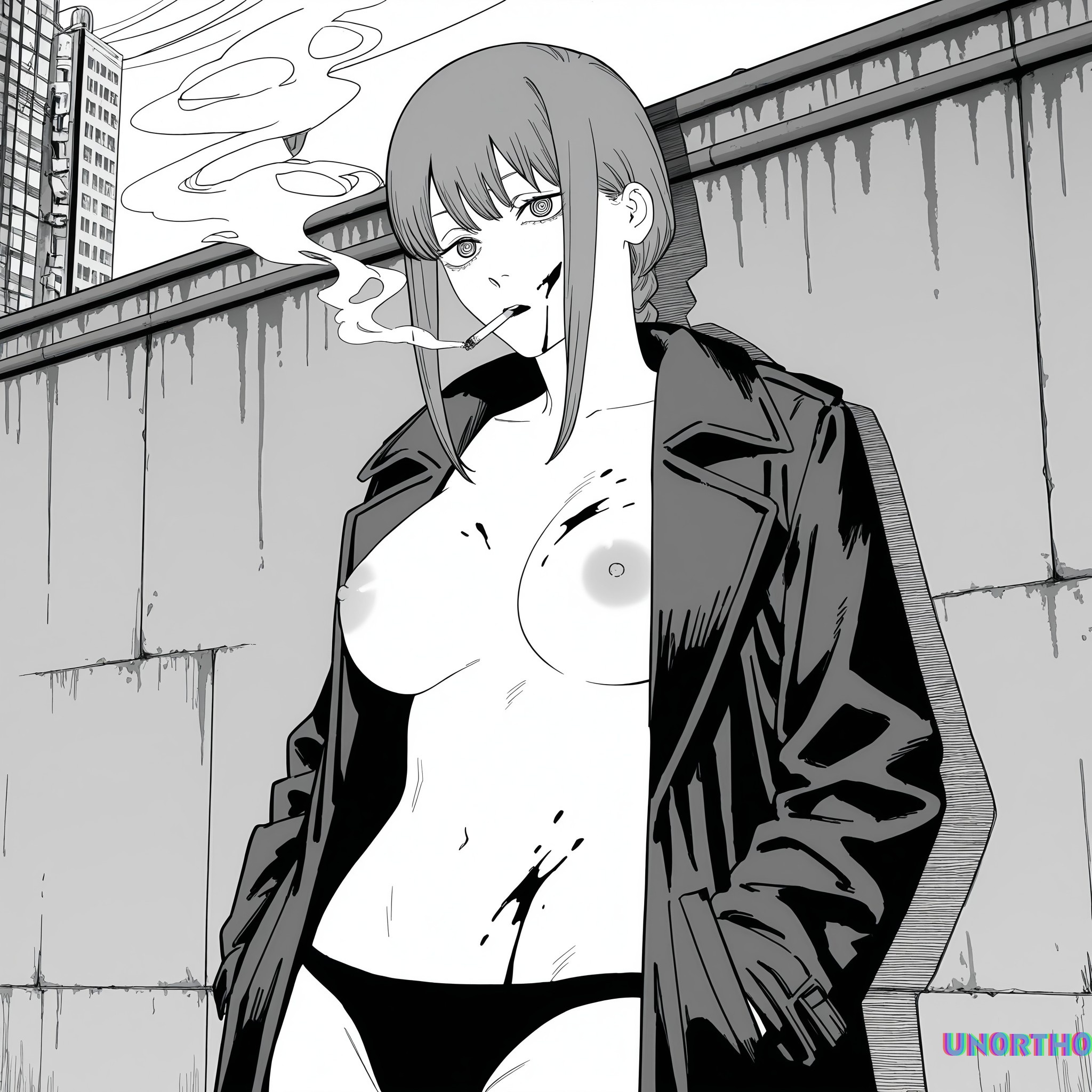 1girls, ai generated, artist logo, artist name, big breasts, black and white, black coat, black panties, blood, blood on body, blood on breasts, blood on face, breasts, chainsaw man, cigarette, cigarette in mouth, coat, exposed breasts, female, hands in pockets, hi res, leaning against wall, leaning back, leaning on wall, lit cigarette, long hair, makima (chainsaw man), manga, manga page, manga style, nipples, open coat, smoke, smoking, smoking cigarette, tagme, un0rth0