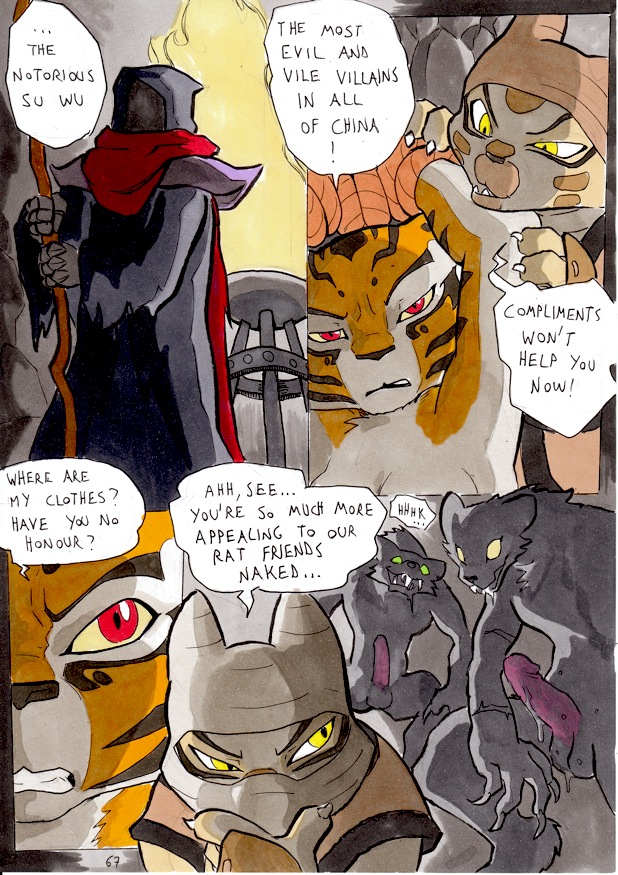 anthro better_late_than_never bound breasts comic daigaijin english_text feline female fur furry hood kung_fu_panda leopard male master_tigress page_67 penis polearm red_eyes rodent rope scarf staff su_wu tiger wan_wu wing_wu wu_sisters yellow_eyes