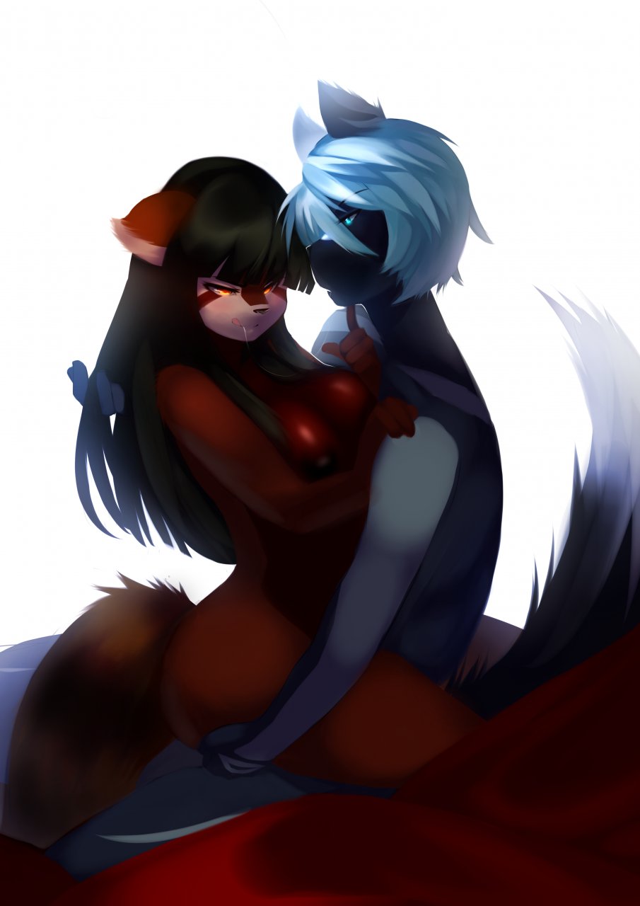 1girls anthro black_hair breasts brown_fur canine female fringe fur furry half-closed_eyes hime_cut implied_sex interspecies kanel long_hair male nude red_panda romantic sayuri_(skimike) skimike straight wolf yellow_eyes