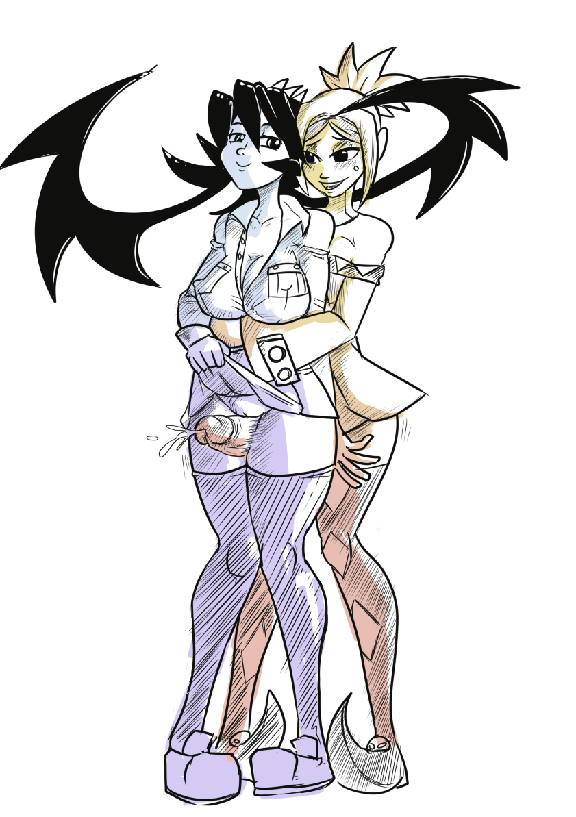 2girls, blush, cassandra veranos, cerebella, cleavage, cum, ejaculation, female, filia (skullgirls), futa on female, futanari, grinding, intersex, monochrome, outercourse, penis, pussy, samson (skullgirls), shaved pussy, simple background, skirt lift, skullgirls, smile, standing, thigh sex, thighhighs, uncensored
