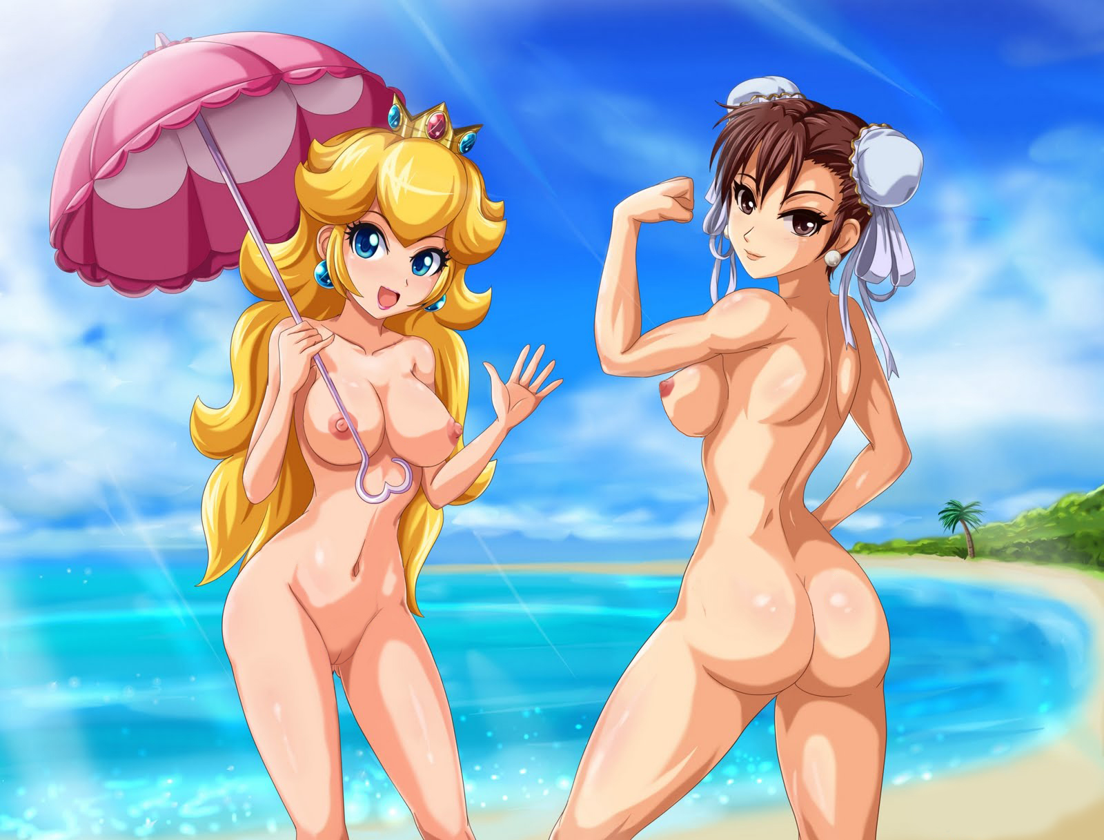 2girls, arm up, ass, beach, breasts, chun-li, cloud, crossover, erect nipples, female, female only, highres, huge ass, human, large breasts, legs, mario (series), multiple females, multiple girls, muscles, nintendo, nipples, nude, ocean, photoshop, princess peach, pussy, sand, sideboob, sigurdhosenfeld, sky, street fighter, thighs, tree, uncensored