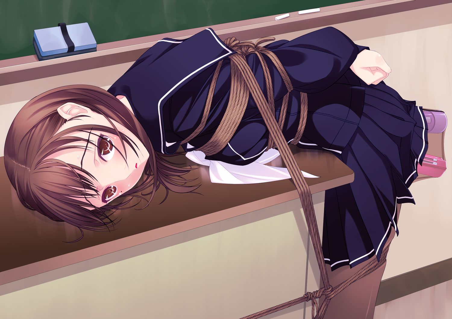1girls, anal insertion, anegasaki nene, bent over, bondage, brown hair, classroom, dildo, female, female only, human, love plus, murakami suigun, pantyhose, pussy, restrained, rope, rope bondage, seifuku, sex toy, shibari, shibari over clothes, short hair, skirt, solo, vaginal insertion, vibrator