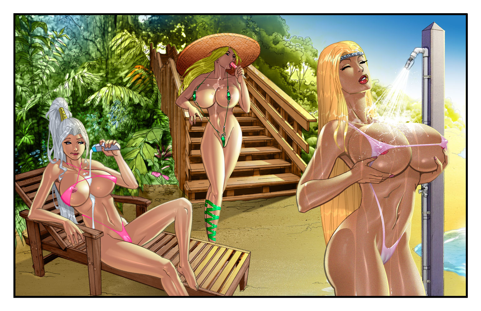 3girls, areola, blonde hair, breasts, celes chere, cleavage, closed eyes, crossover, dead or alive, female, final fantasy, final fantasy vi, hair, hat, headband, huge breasts, jeane, justin b long, kunoichi, large breasts, multiple females, multiple girls, navel, ninja, ninja gaiden, rachel (ninja gaiden), shower, sling bikini, suikoden, swimsuit, tecmo, water, white hair