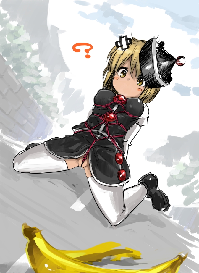 1girls ? arms_behind_back banana banana_peel between_labia blonde_hair blush blush_stickers bondage breasts crescent crotch_rope dutch_angle female food fruit harusame hat innie_pussy kneeling lunasa_prismriver no_panties rope short_hair skirt skirt_lift solo squatting thighhighs tied_up touhou white_legwear yellow_eyes