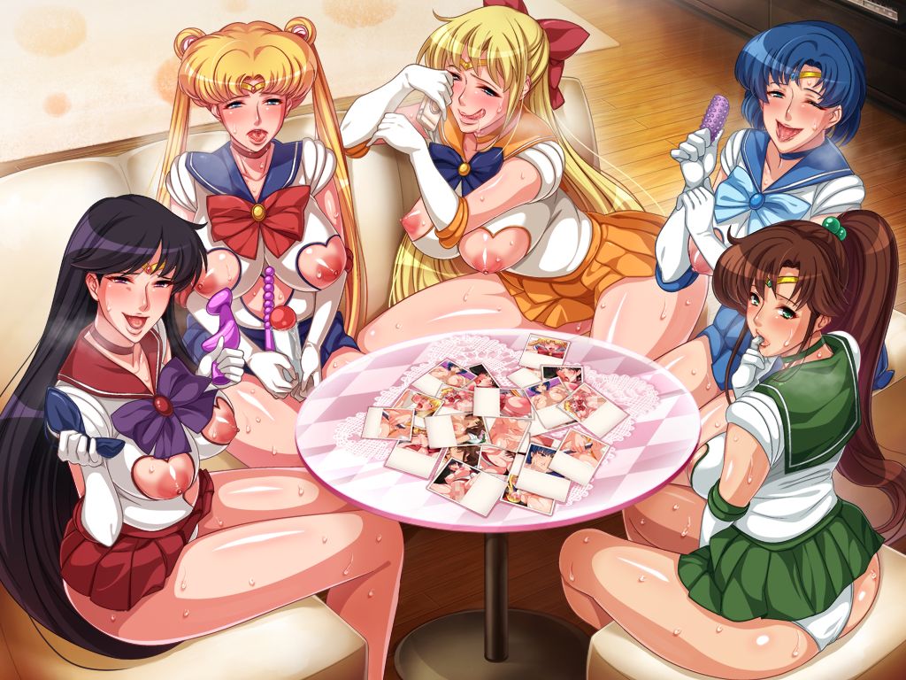 5girls ami_mizuno bishoujo_senshi_sailor_moon blonde_hair blue_hair bow breasts brown_hair clothing female female_only human large_breasts makoto_kino mario_(artist) minako_aino multiple_females multiple_girls naughty_face nipples panties photo_(object) ponytail rei_hino sailor_jupiter sailor_mars sailor_mercury sailor_moon sailor_venus sitting skirt table team-tanabe tied_hair usagi_tsukino wink