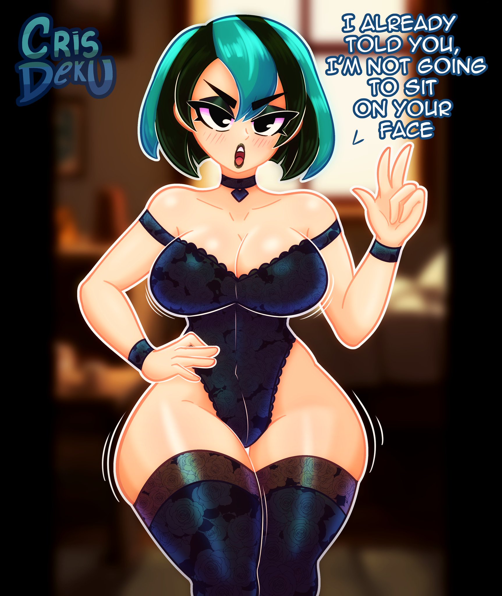 1girls, ass, big ass, big breasts, big butt, big thighs, big titties, breasts, cartoon network, choker, cleavage, clothing, crisdeku, curvaceous, curvaceous female, curvaceous figure, curvy, curvy figure, curvy hips, female, female focus, female only, goth, goth girl, gwen (tdi), lingerie, looking at viewer, short hair, skirt, solo, solo female, solo focus, thigh highs, total drama (series), total drama island, two-tone hair