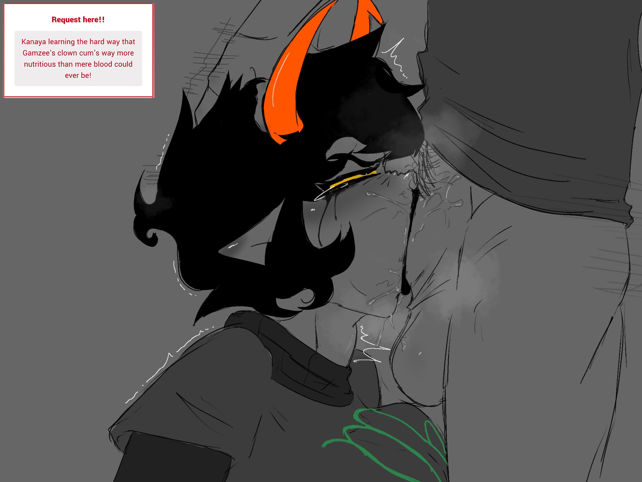 1boy1girl, 2025, all the way to the base, balls, big balls, big penis, bodily fluids, cock, cock inside mouth, deepthroat, electric (artist), face fucking, female, gamzee makara, grey background, grey body, homestuck, homestuck troll, horn, horns, huge cock, kanaya maryam, large penis, lesbian with male, male, oral, orientation play, orientation play (lore), penis, penis in mouth, penis visible through throat, pubes, pubic hair, rough sex, ruined makeup, short hair, stray pubic hair, tagme, throat bulge, throat fuck