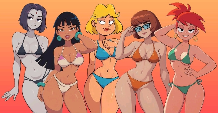 2025, 2d, 5girls, ai generated, big breasts, bikini, bikini bottom, bikini top, black bikini, black hair, blonde hair, blue bikini, breasts, brown hair, cartoon network, chel, curvy, dark-skinned female, dc, dc comics, deviantart link, dreamworks, earrings, female, female only, foster's home for imaginary friends, frankie foster, glasses, green bikini, hand on head, hand on hip, hoop earrings, hourglass figure, large breasts, latina, latina female, light-skinned female, long hair, looking at viewer, milf, multiple females, multiple girls, navel, nickelodeon, no ai, orange background, orange bikini, pervark69, purple hair, rachel roth, raven (dc), red hair, rita loud, scooby-doo, seductive look, seductive smile, shiny skin, short hair, side-tie panties, slim waist, teen titans, the loud house, the road to el dorado, two-piece swimsuit, velma dinkley, western cartoon, white bikini, wide hips
