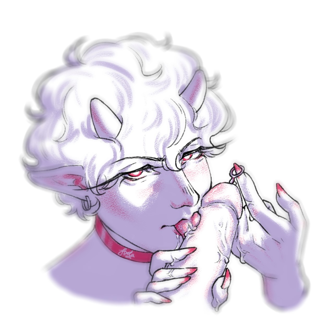 blowjob, blush, choker, curly hair, demon, demon boy, demon horns, dick, earrings, edging, femboy, femboy enjoyer, femboy only, femboydom, gay, gay male, gay sex, grin, hands on penis, incubus, long ears, long nails, looking at viewer, male, male only, oc:adam (femboy enjoyer), oc:luka (femboy enjoyer), oral, orgasm denial, penis, pov, pov blowjob, pov crotch, power bottom, precum, red eyes, saliva, saliva on penis, service top, sketch, solo, solo focus, sounding, sounding beads, sounding rod, submissive male, submissive top, teasing, teasing penis, tongue, tongue around penis, tongue out, urethral insertion, yaoi