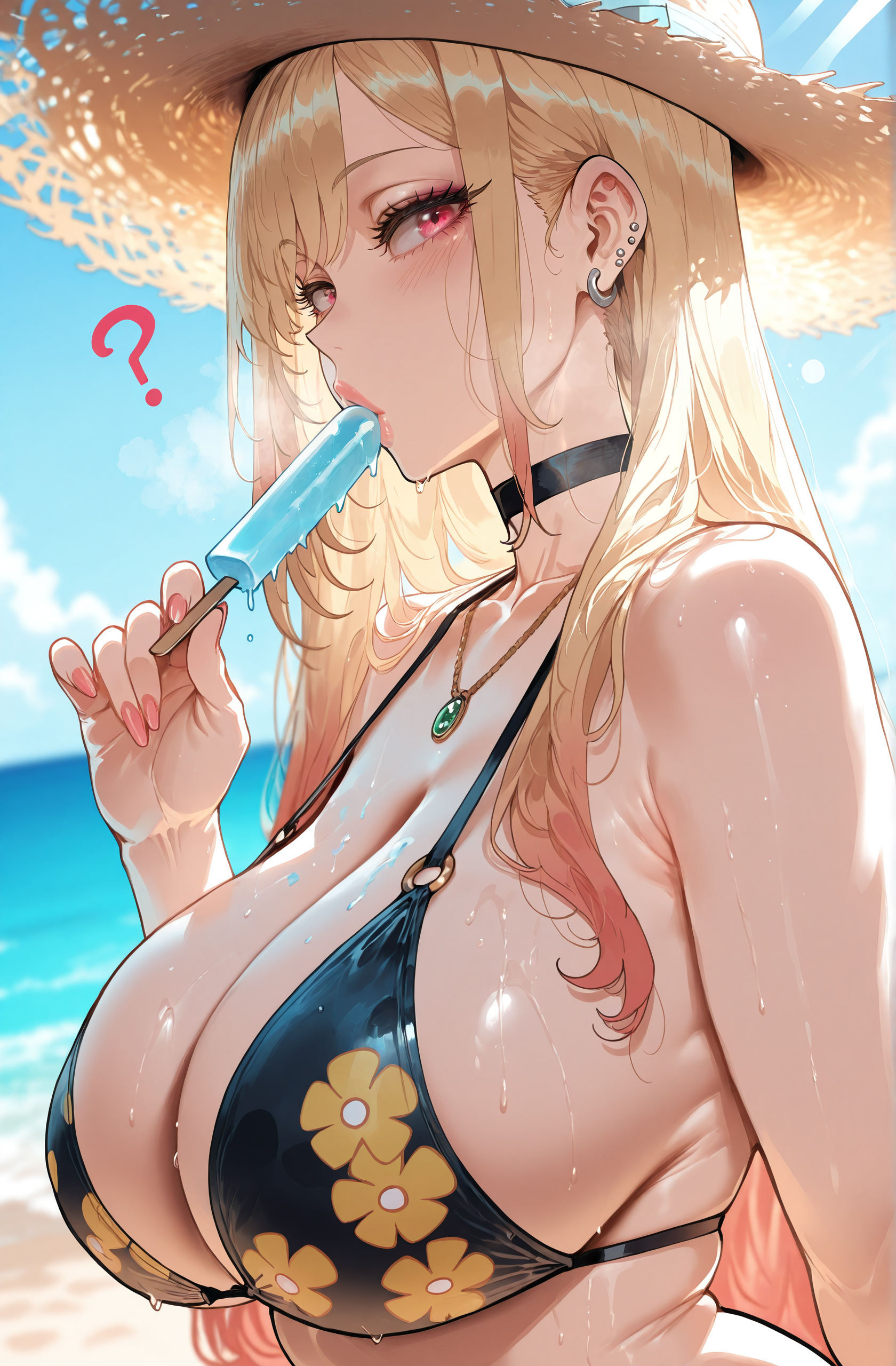 ?, 1girls, ai generated, barbell piercing, bare shoulders, beach, bikini, black bikini, black choker, blonde hair, blue sky, blush, breasts, choker, cleavage, clothing, collarbone, colored tips, curvaceous, curvaceous female, curvaceous figure, curvy, curvy figure, day, dripping, ear piercing, earrings, eating, fake nails, female, female focus, female only, fingernails, floral print, food, food in mouth, food on breasts, gradient hair, halterneck, hat, headwear, holding, holding food, huge breasts, industrial piercing, jewelry, kitagawa marin, large breasts, lips, long hair, looking at viewer, miyuai, multicolored hair, nail polish, necklace, ocean, outdoors, piercing, pink nails, popsicle, print bikini, red eyes, sideboob, sky, solo, sono bisque doll wa koi wo suru, strap gap, straw hat, sun hat, sunlight, sweat, swimsuit, upper body, veiny breasts, voluptuous, voluptuous female, wet