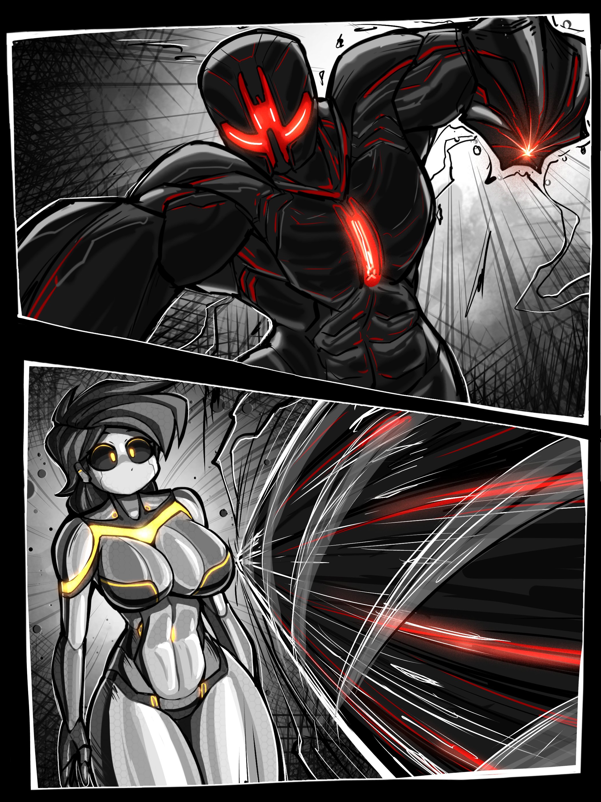 ..., between breasts, breaking, breasts, comic page, confused, digital drawing (artwork), digital media (artwork), drill, female, femdom, fight, gray background, grey skin, kicking, kyurby (zzzhodazzz), male, manga page, oc, red light, robot, robot girl, robot male, strong female, yellow eyes, yellow light, zzzhodazzz