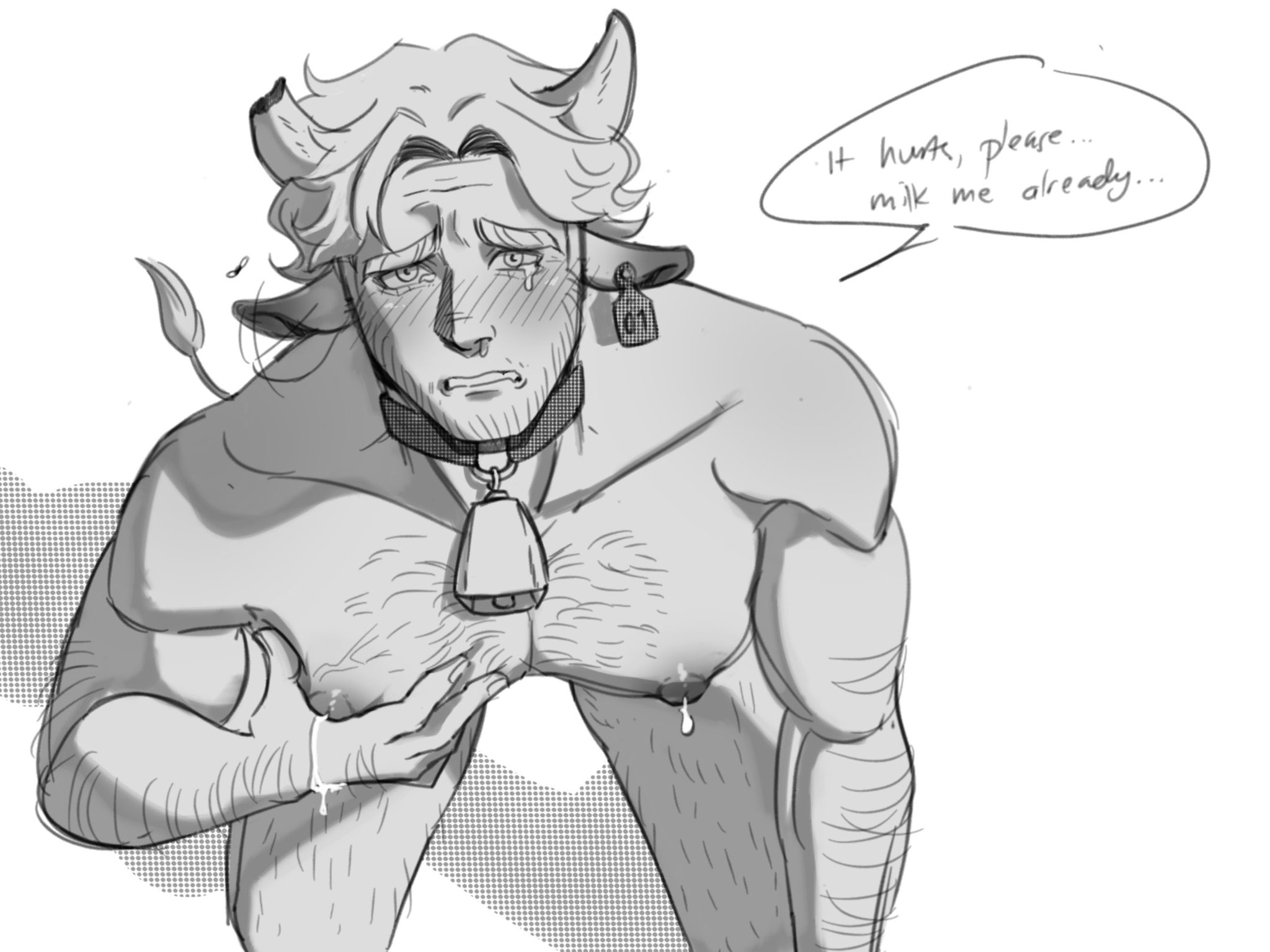 1boy, begging, blush, breastmilk, breasts, broken horn, chipped horn, cow ears, cow horns, cow tail, cowbell, crying, curly (mouthwashing), ear tag, embarrassed, holding breast, in pain, lactating, lactation, male, male lactation, male only, milk, milk drip, monochrome, mouthwashing, needy, no visible genitalia, nude male, on knees, snot drip, teardrop