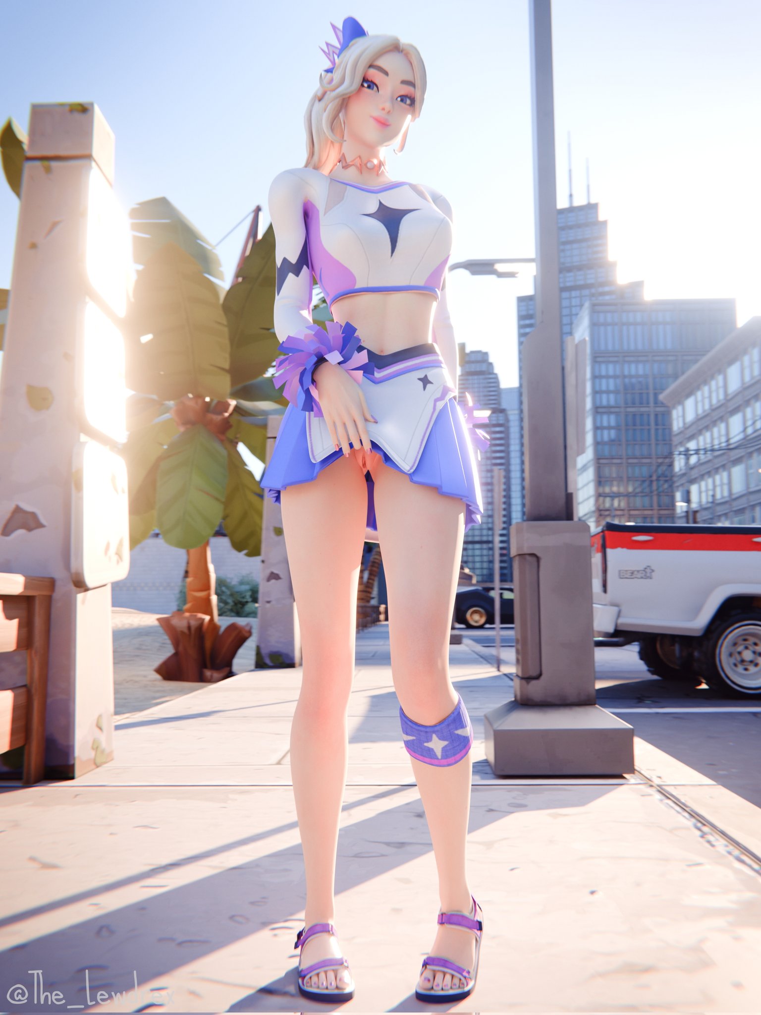 1girls, 2025, 3d, 3d (artwork), blender, blonde female, blonde hair, blue eyes, cheerleader, cheerleader uniform, clothed, clothing, detailed background, epic games, female, female focus, female only, fortnite, fortnite: battle royale, haylee skye (fortnite), hi res, highres, lewdrex, light skin, light-skinned female, no panties, no panties under skirt, ponytail, pussy, pussy lips, pussy peek, shaved crotch, shaved pussy, showing off, showing pussy, skirt, skirt lift, skirt up, smile, smiling, tank top, uniform, upskirt, vagina, watermark